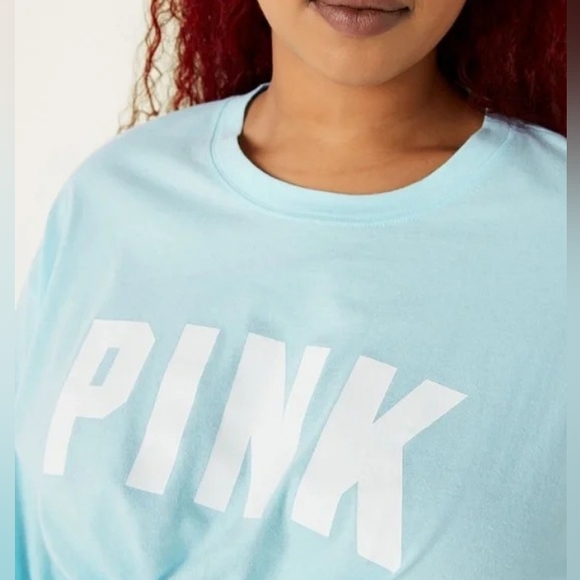 VS PINK Blue Breeze Classic White Logo Long Sleeve Campus Tee Oversized XL NEW - Picture 3 of 9